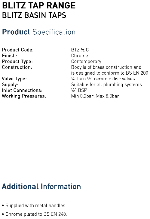Bristan - BLITZ Basin Taps Specifications Bristan - BLITZ Basin Tap Specifications