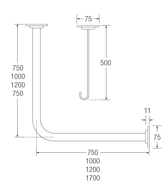 Bathex - L Shaped Curtain Rails TECHNICAL DRAWING