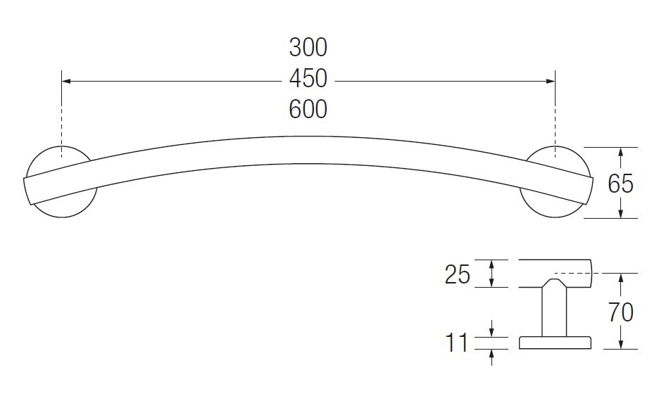 Bathex Yardley 300mm 450mm 600mm Arch Grab Rail with Finish Options (Stainless Steel 25mm) TECHNICAL DRAWING