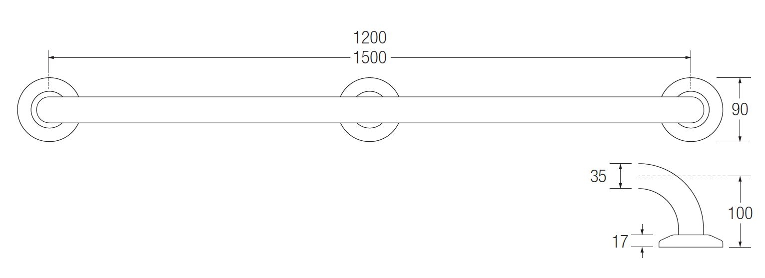 Bathex  3 Flange Grab Rail TECHNICAL DRAWING (1200mm & 1500mm)
