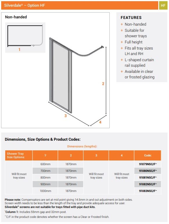AKW Option HF SILVERDALE Standard Half Height Disabled Shower Screen