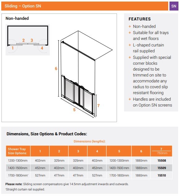 AKW Option SN Sliding Half Height Disabled Shower Screen