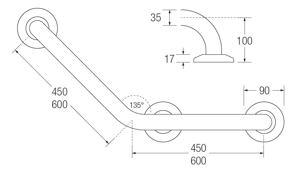 LEFT HAND Bathex 3 Flange Cranked Grab Rail TECHNICAL DRAWING