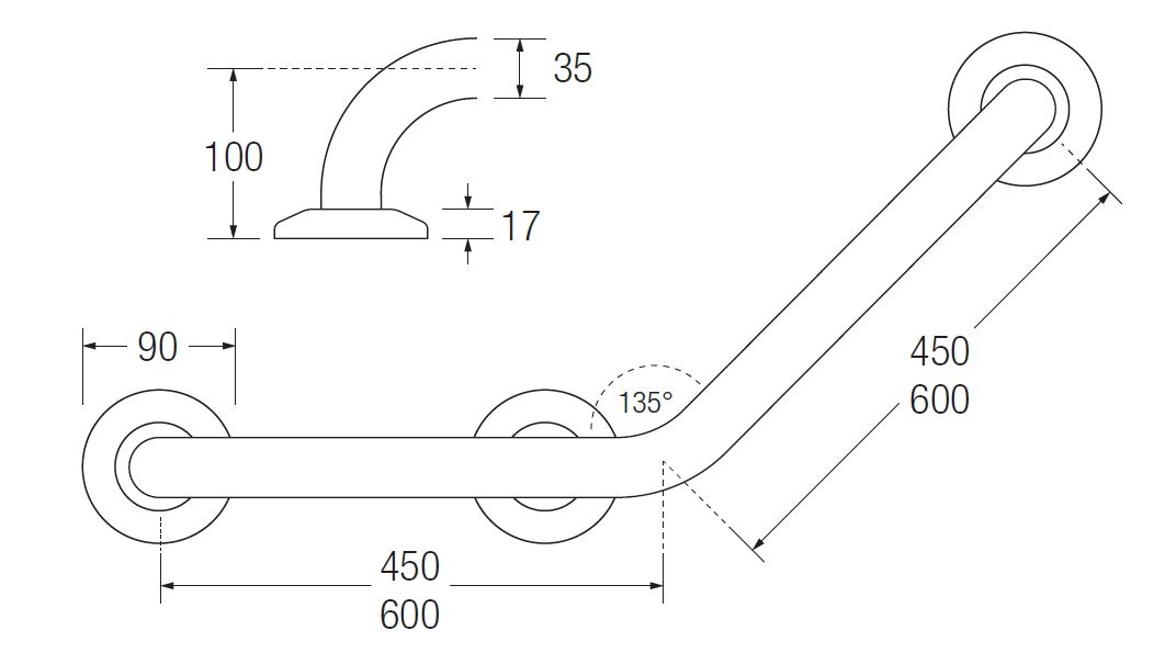 RIGHT HAND Bathex 3 Flange Cranked Grab Rail TECHNICAL DRAWING