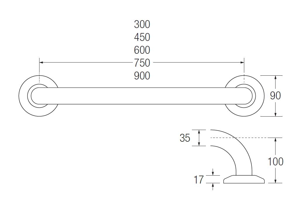 Bathex Grab Rail (35mm Mild Steel) TECHNICAL DRAWING