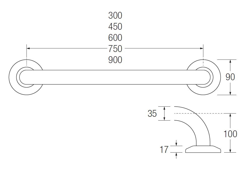 Bathex Grab Rail (35mm Stainless Steel) TECHNICAL DRAWING
