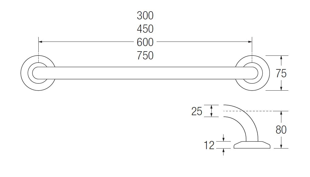 Bathex Grab Rail (25mm) TECHNICAL DRAWING