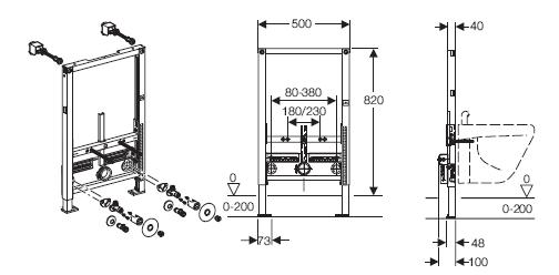 Geberit Duofix Frame for Bidet, Universal 82cm (820mm) TECHNICAL DRAWING