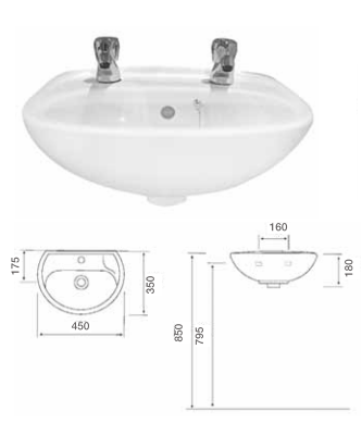 N&C - BROADGATE - Wall Mounted 450mm Wash Basin + Options