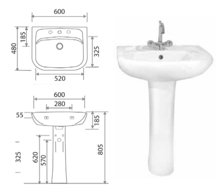 FC Pentland Modern - 600mm Wash Basin, 1TH / 2TH, Optional Pedestal