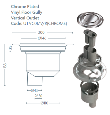 Impey - Vinyl Floor VERTICAL Gully Waste, UTVC01V (Chrome)