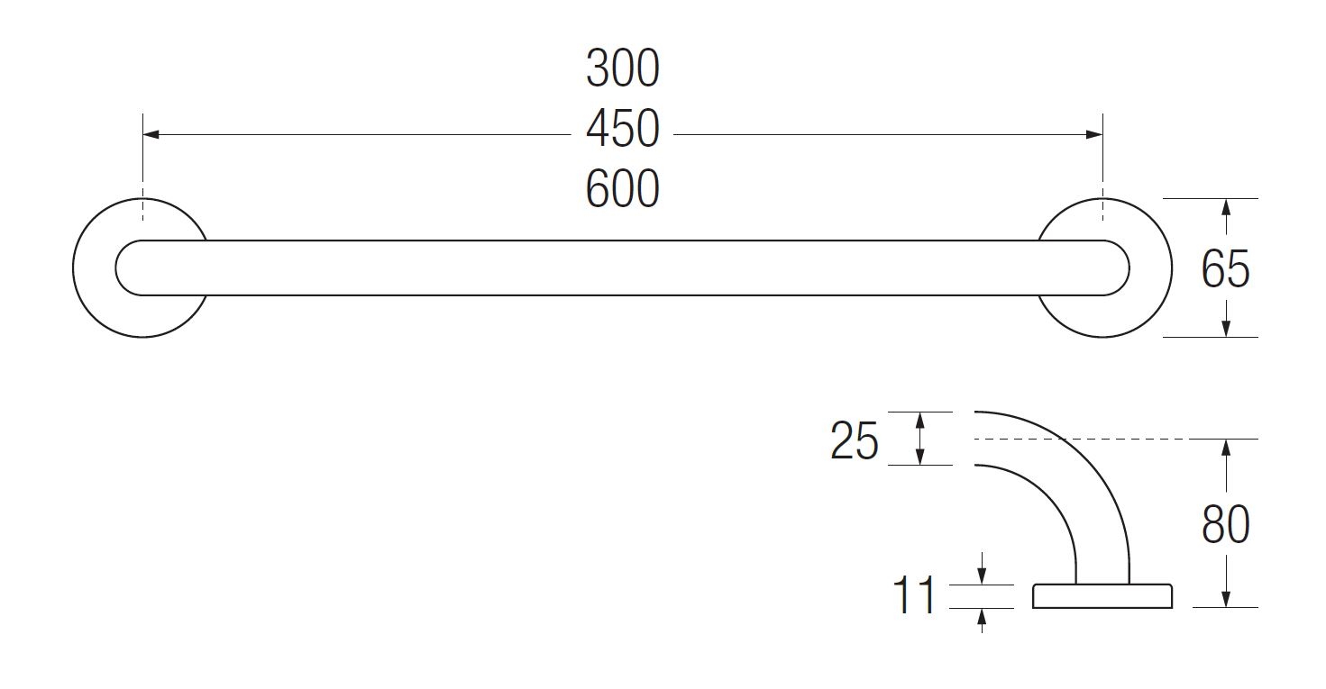 Bathex Knowle 300mm, 450mm, 600mm Straight Grab Rails TECHNICAL DRAWING