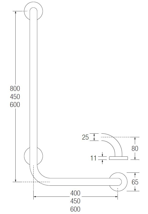 Bathex Knowle L Shaped Grab Rails TECHNICAL DRAWING