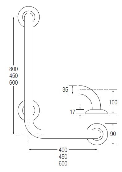 LEFT HAND L Shaped Grab Rail TECHNICAL DRAWING