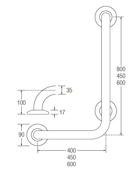 RIGHT HAND L Shaped Grab Rail TECHNICAL DRAWING