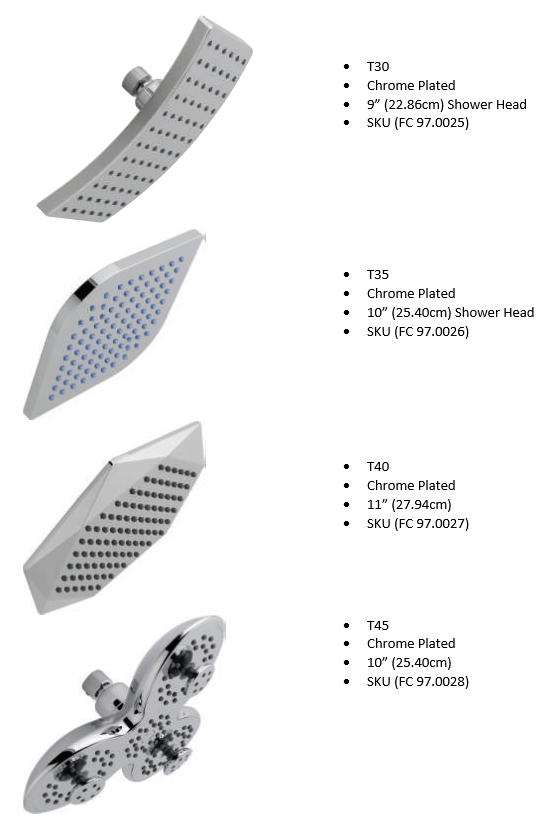 First Class - Single Function Shower Heads, 9", 10" & 11"