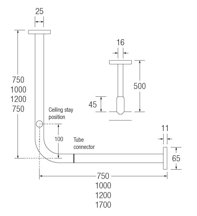 Bathex Yardley / Knowle Shower Rails Technical DRAWING all sizes