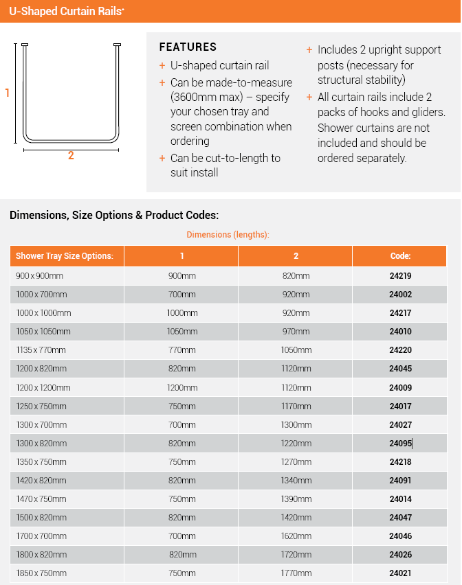 U Shaped Curtain Rails DATA TABLE
