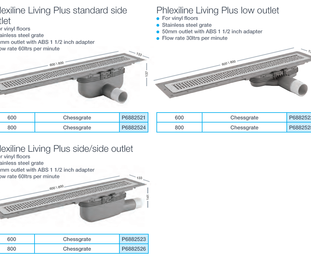 FC - PHLEXILINE LIVING PLUS - Linear Waste Outlet with Chess Grate, 600/800mm (Different Configurations) 