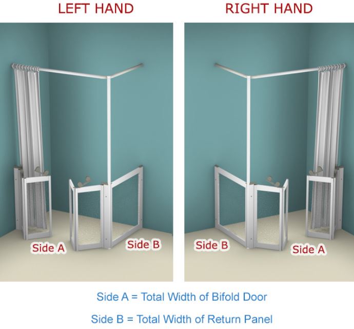 AKW - Contour - WF32 - Twin Bi-folding Shower Doors (Open to allow full access, with a return panel & vertical, curtain rail support pole) Special Order (Email for Quote)