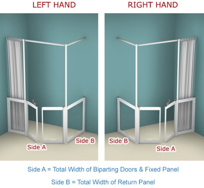 AKW - Contour - WF34 - Bi-parting Shower Doors (Hinging from the fixed & return panel, with two vertical, curtain rail support poles) (Email for Quote)