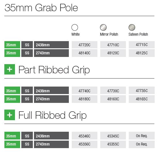 Bathex - Straight Grab Pole / Floor to Ceiling (35mm, Stainless Steel, Concealed Fix) Made To Order