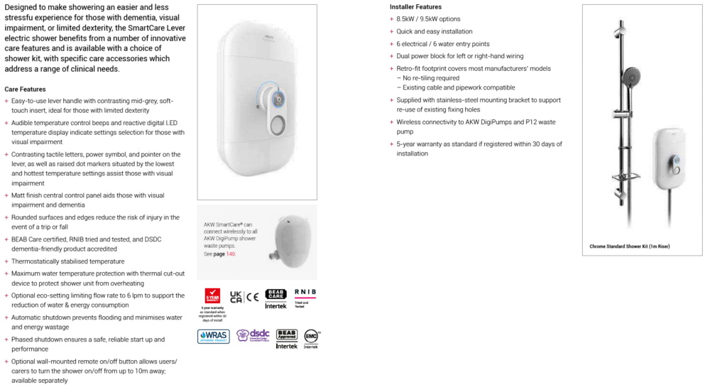 AKW - SmartCare Lever - Electric Shower with Standard or Care Kit (8.5 / 9.5kW) (White / Chrome) - Image 2