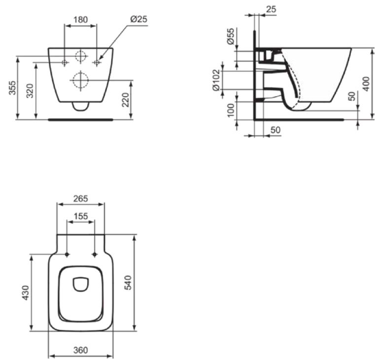 Ideal Standard - STRADA II - WC Toilet with Aquablade, Wall-Hung (L540 x W360 x H350) - Image 2