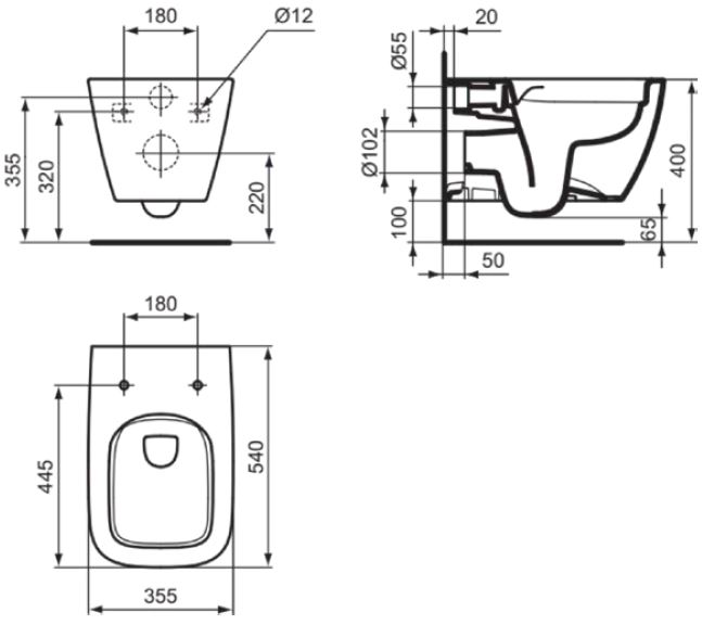 Ideal Standard - i.life B - WC Toilet Bowl, RimLS+, EasyFix+, Wall-Hung (L540 x W355 x H335mm) T461401 - Image 2