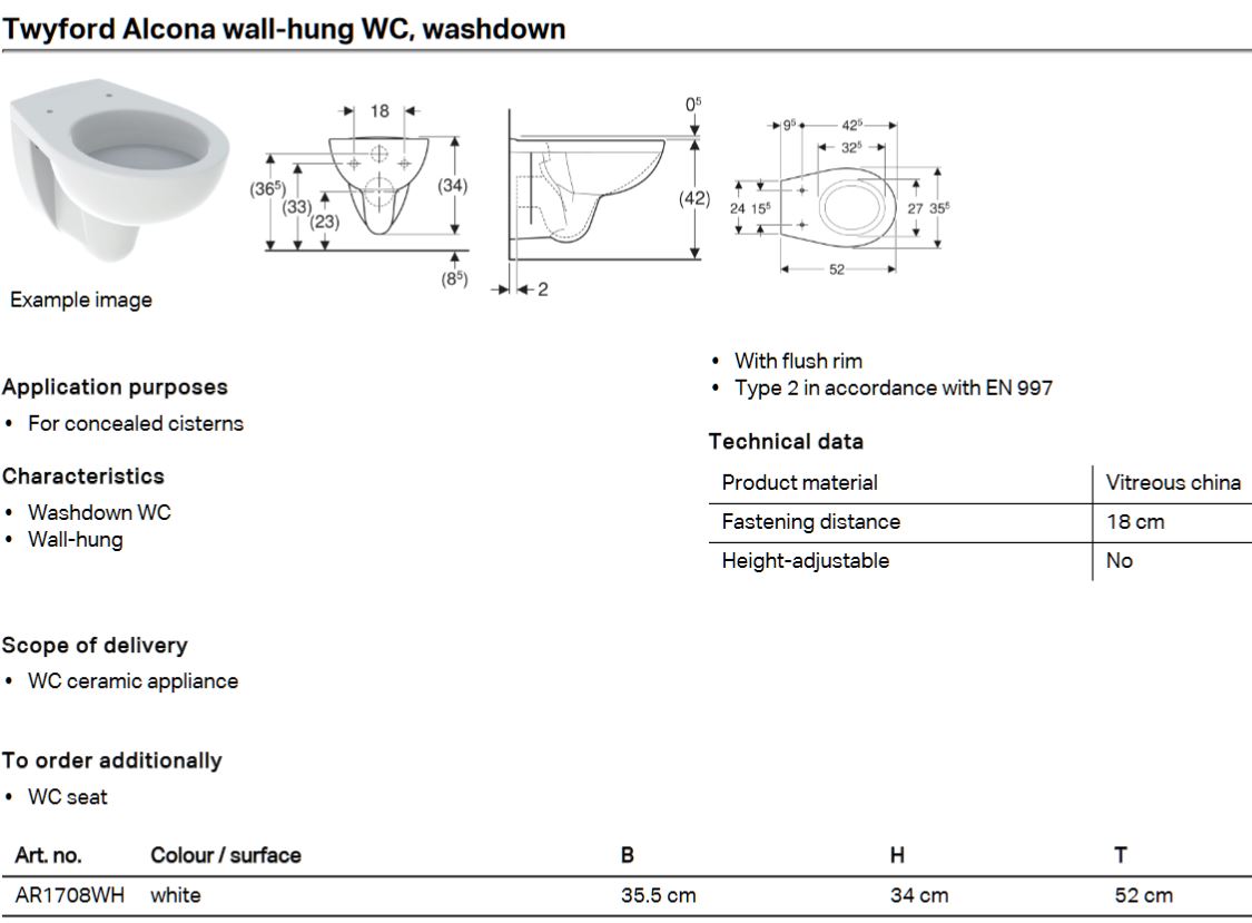 Twyford - ALCONA - Wall Hung WC Toilet (W355 x D520 x H340mm) - Image 3