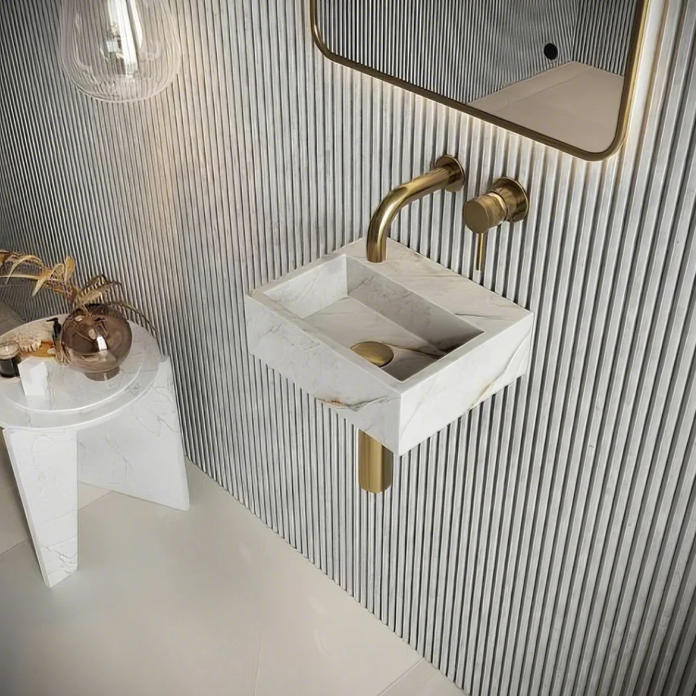 Scudo - Sanctuary - Rectangular White Cloakroom Marble Basin, W300 x D250mm (Venato / Arabescato)