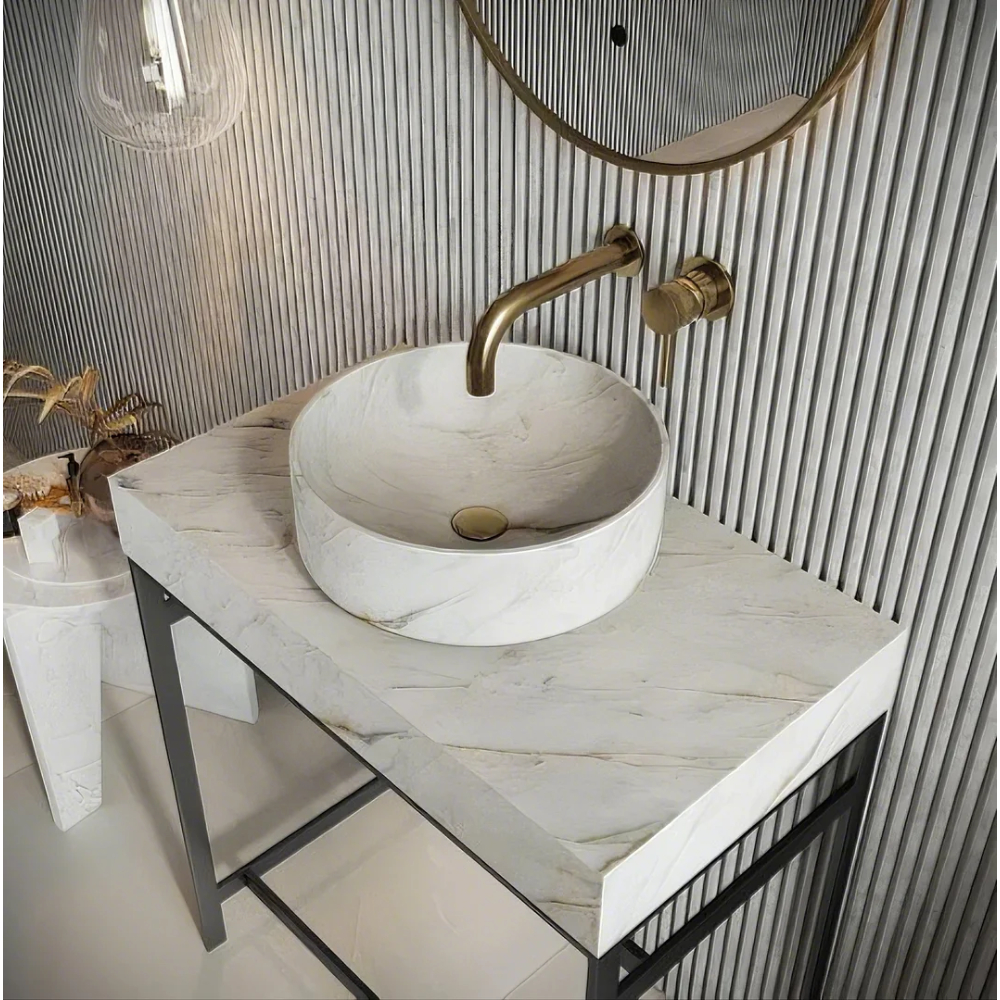 Scudo - Sanctuary - Round White Marble Basin, W350mm (Venato / Arabescato)